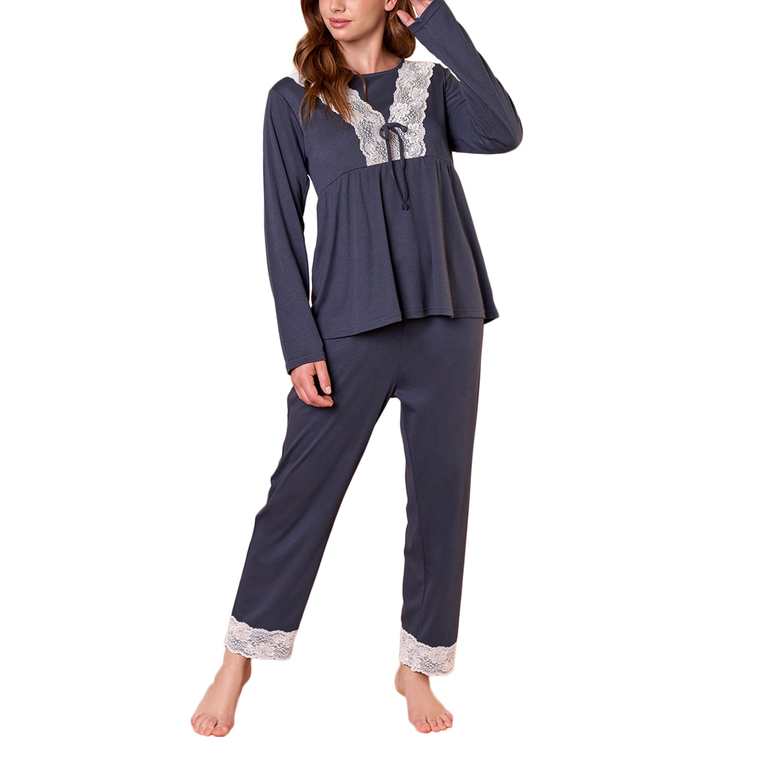 Pijama Algodón Azul Detalle Encaje Mujer Baziani 8546